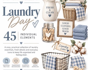 Laundry Digital Stickers, 45 PNG Cleaning & Chore Graphics for GoodNotes