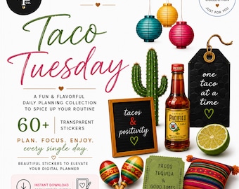 Taco Tuesday Digital Planner Stickers | 60+ PNG Stickers | GoodNotes Stickers | Mexican Theme | Taco Planner | Pre-Cropped Digital Stickers