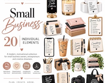 May include: A digital collection of 20 small business planning elements including a candle, shipping labels, clipboard, iced coffee, notebooks, pens, a potted plant, a camera, and a tote bag, all featuring motivational text and heart icons.