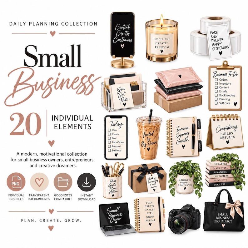 May include: A digital collection of 20 small business planning elements including a candle, shipping labels, clipboard, iced coffee, notebooks, pens, a potted plant, a camera, and a tote bag, all featuring motivational text and heart icons.