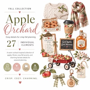 Puede incluir: Un conjunto gráfico digital titulado Apple Orchard que incluye 27 elementos como un suéter de punto beige, una bufanda a cuadros, donas de sidra de manzana, un vaso de café, un portapapeles, un carrito rojo con manzanas, una botella de sidra y etiquetas.