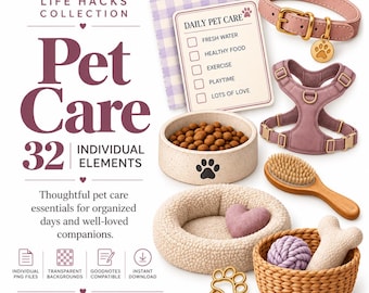 Op de afbeelding: Een digitale collectie van huisdierverzorgingsafbeeldingen met een mauve halsband, tuigje, gespikkelde voerbak, borstel, pluche mand met hartje, gevlochten mand met speelgoed en een dagelijkse checklist voor de verzorging van huisdieren.