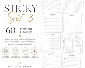 60 Minimalist Digital Planner Stickers, Functional Sticky Notes PNG, GoodNotes Planning Stickers, Sticky Set 3