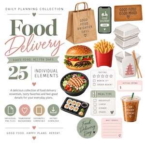 May include: A digital collection of 25 food delivery themed planning elements including a brown paper bag, a burger, french fries, a salad, sushi, a takeout box, a coffee cup, and various tracking checklists with text like Food Delivery.