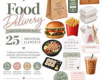 Food Delivery Digital Stickers, GoodNotes Planner PNGs, Takeout & Meal Planning Graphics