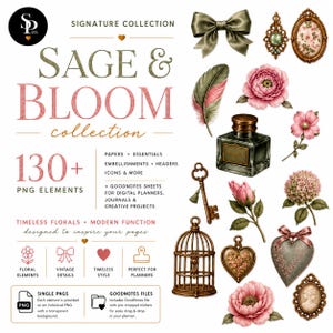 Puede incluir: Una colección digital titulada Sage & Bloom con más de 130 elementos PNG que incluyen un tintero verde, llave antigua, jaula, dijes de corazón, ilustraciones florales, una pluma y lazos, diseñados para agendas y diarios digitales.