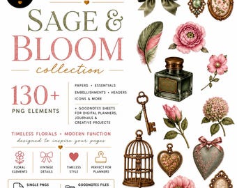 Sage & Bloom Digital Planner PNG Bundle, 130+ Floral Planner Elements, Vintage Botanical PNG, GoodNotes Stickers, Digital Scrapbook Kit