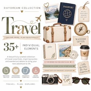Op de afbeelding: Een digitale collectie van reis-thema afbeeldingen waaronder een marineblauw paspoort, vintage koffer, kompas, camera, zonnebril en notitieblaadjes. De tekst bevat Daydream Collection, Travel en diverse citaten over reizen.