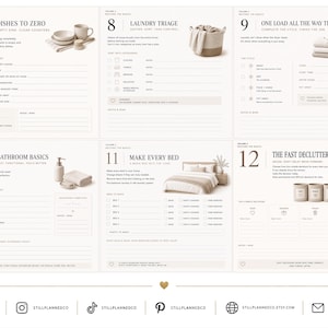 May include: A set of six instructional home organization sheets numbered 7 through 12, titled Dishes to Zero, Laundry Triage, One Load All the Way Through, Bathroom Basics, Make Every Bed, and The Fast Declutter Rule, featuring checklists and prompts.