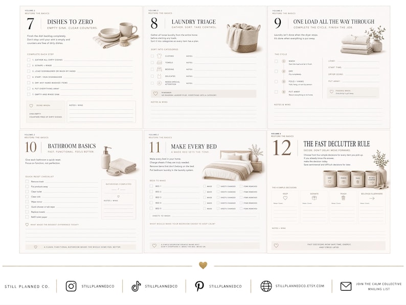 May include: A set of six instructional home organization sheets numbered 7 through 12, titled Dishes to Zero, Laundry Triage, One Load All the Way Through, Bathroom Basics, Make Every Bed, and The Fast Declutter Rule, featuring checklists and prompts.