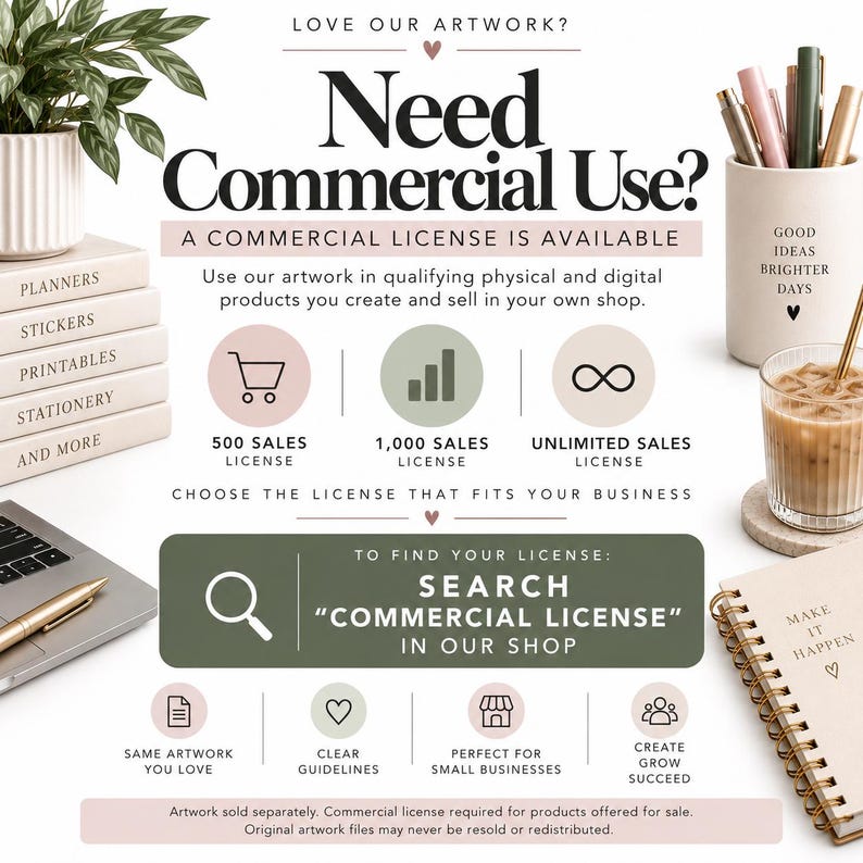 May include: An informational graphic titled Need Commercial Use? A Commercial License Is Available. It features icons for 500, 1,000, and unlimited sales licenses, instructions to search for a commercial license in the shop, and small business icons.