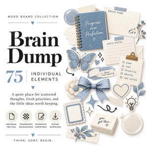 May include: A digital collection of 75 stationery elements featuring a blue spiral notebook with the text Progress over Perfection, a butterfly, a bow, a clipboard with a checklist, note cards, and floral accents in shades of blue and cream.