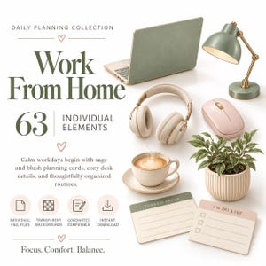 Pode incluir: Uma coleção digital intitulada Daily Planning Collection Work From Home com 63 elementos individuais, incluindo um portátil cor de sálvia, um candeeiro de secretária verde, auscultadores bege, um rato rosa, uma chávena de café e cartões.