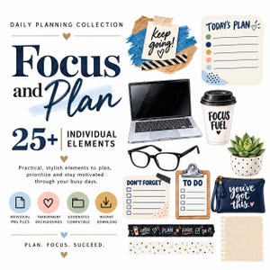 Puede incluir: Una colección de planificación diaria digital con más de 25 elementos individuales, incluyendo un portátil, gafas, una taza de café con la etiqueta Focus Fuel, una suculenta, un estuche azul marino con el texto you've got this y varios blocs de notas.