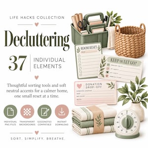 May include: A digital decluttering collection featuring 37 individual elements, including a green caddy, a woven basket, a kitchen timer, and printed cards labelled Room Reset, Keep or Let Go, and Donation Drop-off, alongside stacked linens.
