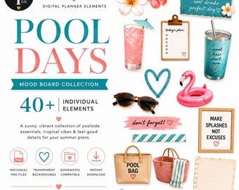 Pool Days Summer Digital Stickers, Pool Party PNG Clipart, GoodNotes Planner Stickers, Tropical Summer Graphics