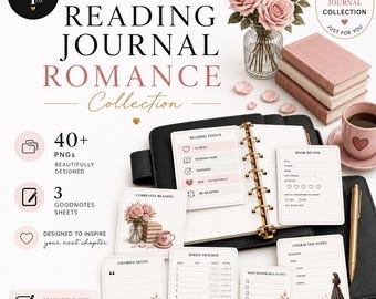 May include: A digital reading journal collection featuring a black planner, gold pen, and various printable cards with floral motifs. Text includes Still Planner Co., Reading Journal Romance Collection, 40+ PNGs, 3 Goodnotes sheets, and Compatible with Goodnotes.
