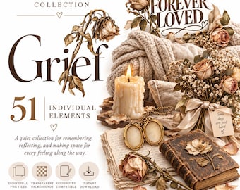 May include: A digital collection titled Grief Mood Board Collection featuring 51 individual elements. The image displays a lit candle, a vintage book, a gold locket, dried roses, and a knitted textile with the text Forever Loved and Remember. Reflect. Heal.