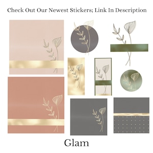 May include: Set of nine digital stickers featuring a minimalist design with gold leaf accents and botanical illustrations. The stickers are in various shapes and sizes, including circles, squares, and rectangles. The background colors are pink, peach, gray, and green.