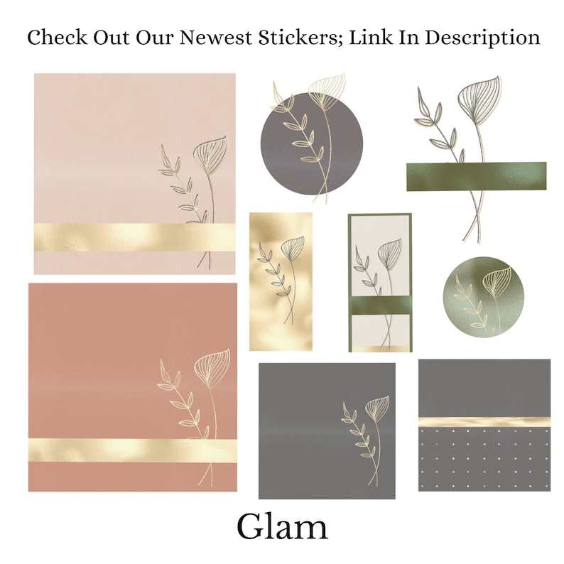 May include: Set of nine digital stickers featuring a minimalist design with gold leaf accents and botanical illustrations. The stickers are in various shapes and sizes, including circles, squares, and rectangles. The background colors are pink, peach, gray, and green.