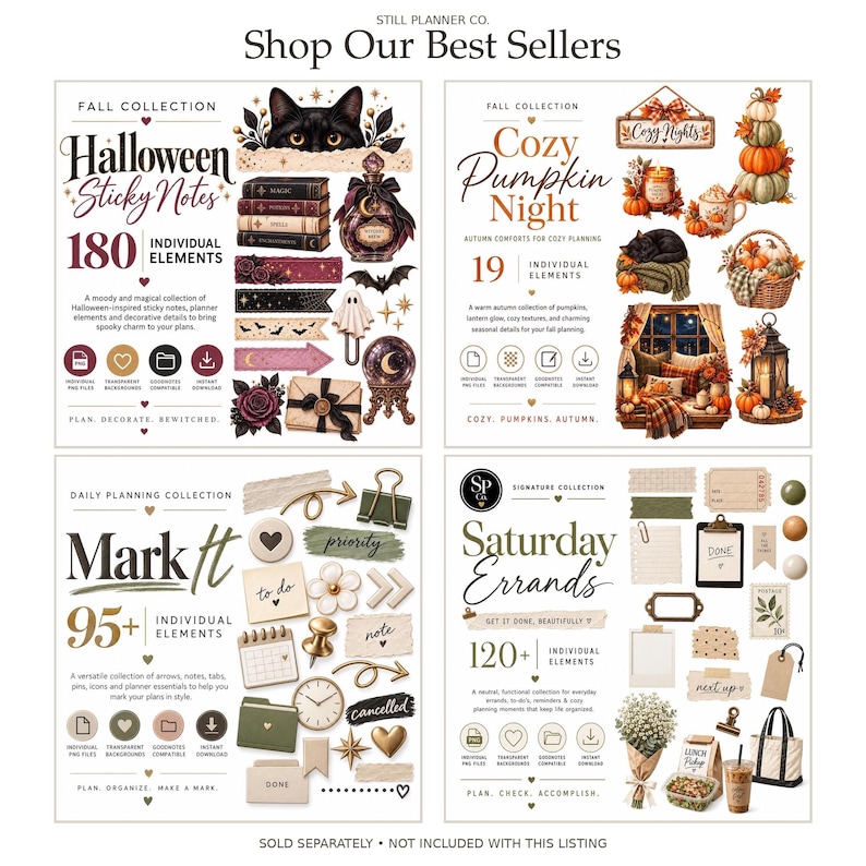 May include: A digital collection of four planner sticker sets titled Shop Our Best Sellers, featuring Halloween Sticky Notes, Cozy Pumpkin Night, Mark It, and Saturday Errands. Each set includes various icons, labels, and decorative elements for planning.