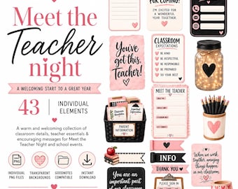 May include: A digital collection of 43 classroom-themed graphic elements featuring pink and black color schemes. Includes printable cards, checklists, a mason jar with lights, a pencil holder, washi tape, and signs with text like Meet the Teacher night.