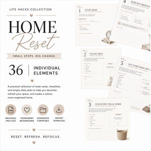 May include: A digital collection of Home Reset life hack cards featuring 36 individual elements. The pages include checklists for tasks like Start Here, Trash First, Clear the Visual Noise, Surface Rescue, and Get Everything Off the Floor.