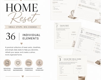 May include: A digital collection titled Home Reset featuring 36 individual elements. The set includes printable cards and checklists with instructions for home organization, decluttering, and daily tasks, presented in a clean, minimalist layout.