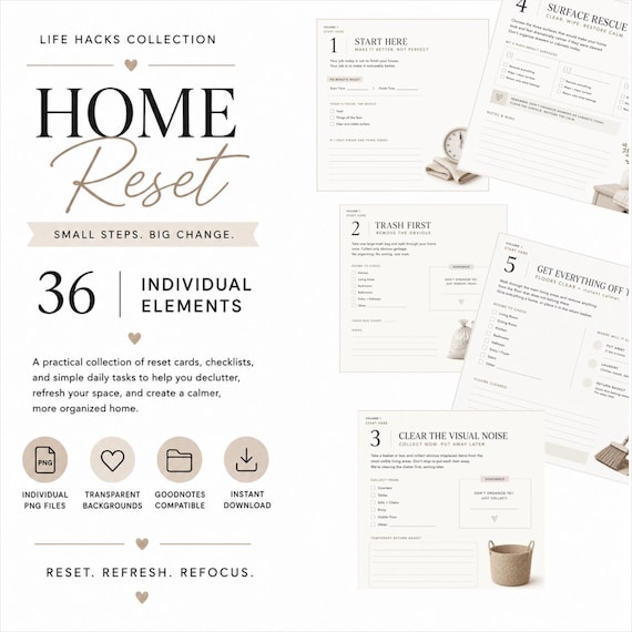 Home Reset Digital Planner Cards, 36 Cleaning & Decluttering Life Hack PNGs for GoodNotes