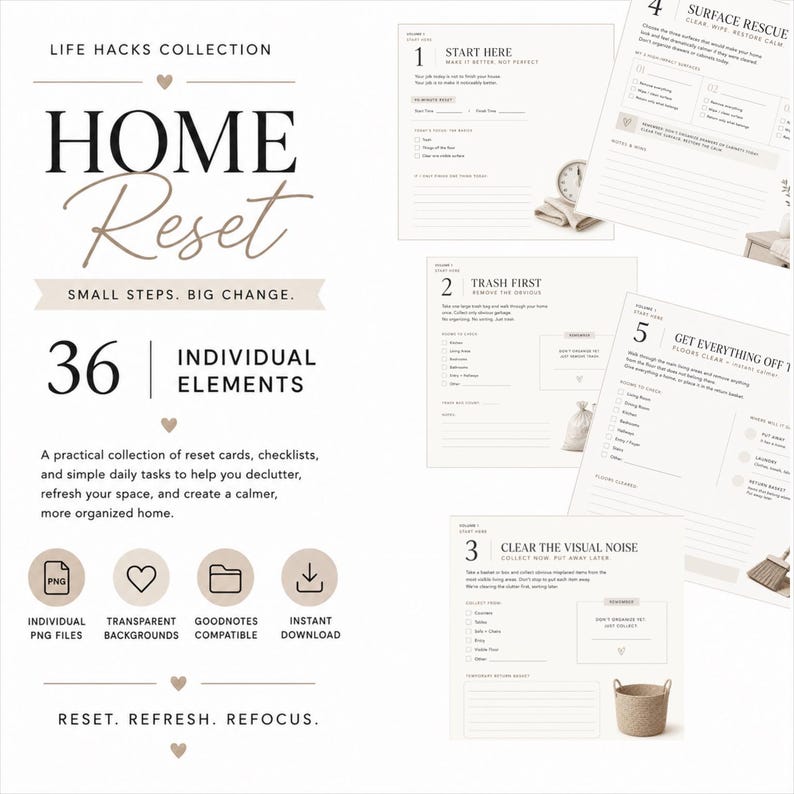May include: A digital collection titled Home Reset featuring 36 individual elements. The set includes printable cards and checklists with instructions for home organization, decluttering, and daily tasks, presented in a clean, minimalist layout.