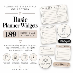 May include: A digital collection of 189 basic planner widgets featuring black text on off-white backgrounds. Includes a weekly plan, goal tracker, coffee icon, bill due, checklist, self-care, today, and me time labels with various line layouts.