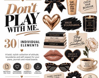 May include: A digital collection of 30 graphic elements featuring a black and beige color palette. Items include a black bow, iced coffee, sticky notes with text, a candle, books, lips, sunglasses, a scrunchie, and a floral cup and saucer.