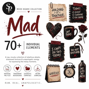 Könnte beinhalten: Eine digitale Moodboard-Kollektion mit über 70 einzelnen grafischen Elementen, darunter Notizzettel mit Texten wie Holding It Together, ein schwarzes Herz, eine Tasse mit Not Today, eine Rose und eine Sprühdose mit der Aufschrift My Life My Mess.