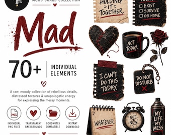 Grunge Digital Stickers PNG Bundle, Mad Mood Board Clipart, GoodNotes Planner & Digital Journaling Elements