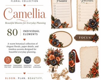Floral Digital Stickers, Botanical PNG Clipart, GoodNotes Planner Graphics, Camellia Collection