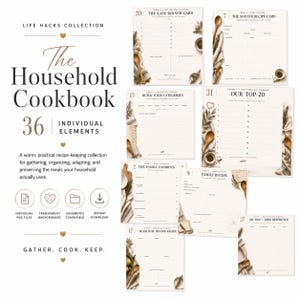 Op de afbeelding: Een verzameling printbare receptkaarten en organisatiebladen getiteld The Household Cookbook, met 36 individuele elementen voorzien van botanische accenten, houten lepels en gelinieerde sjablonen voor maaltijdplanning en receptbeheer.