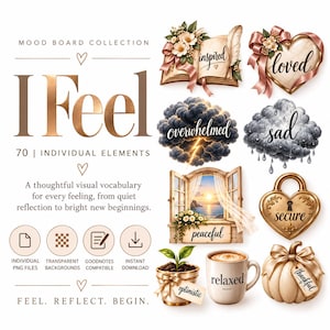 May include: A digital mood board collection titled I Feel featuring 70 individual elements. Graphics include an open book, a heart, storm clouds, a window view, a heart-shaped padlock, a potted plant, a coffee mug, and a pumpkin with text labels.