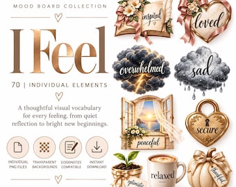 May include: A digital mood board collection titled I Feel featuring 70 individual elements. Graphics include an open book, a heart, storm clouds, a window view, a heart-shaped padlock, a potted plant, a coffee mug, and a pumpkin with text labels.