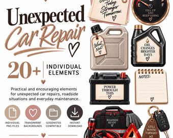 May include: A digital collection of 20+ car repair graphics featuring a fuel gauge, oil jug, car battery, notepad, and roadside emergency kit. Text includes "Unexpected Car Repair," "Unexpected Today, Stronger Tomorrow," "Oil Changes Brighter Days," and "Power Through This."