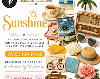 Sunshine Digital Planner Stickers | 150+ Summer PNG l Stickers | Goodnotes Stickers | Beach Journal Kit | Scrapbook Elements