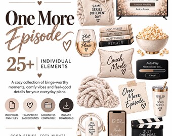 Adesivi digitali per serate cinema, clipart PNG per GoodNotes a tema TV accogliente e binge watching, One More Episode