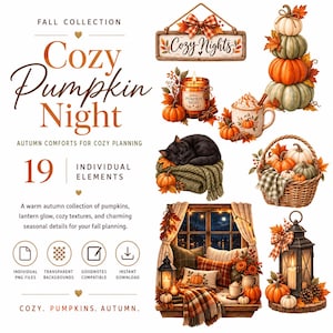 May include: A digital collection of 19 autumn-themed graphic elements featuring pumpkins, a black cat on a blanket, a wicker basket, a lantern, a mug, and a sign reading Cozy Nights. The text includes Fall Collection, Cozy Pumpkin Night.