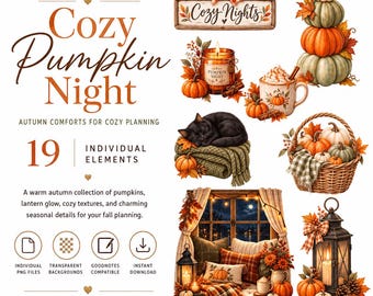 Fall Pumpkin Digital Stickers, Cozy Autumn PNG Clipart for GoodNotes & Digital Journaling