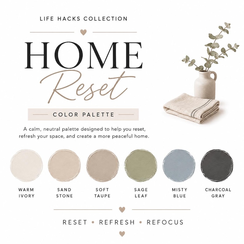 May include: A color palette graphic titled LIFE HACKS COLLECTION HOME Reset, featuring a beige vase with eucalyptus and a folded cloth. Below are six circular color swatches labeled Warm Ivory, Sand Stone, Soft Taupe, Sage Leaf, Misty Blue, and Charcoal Gray.