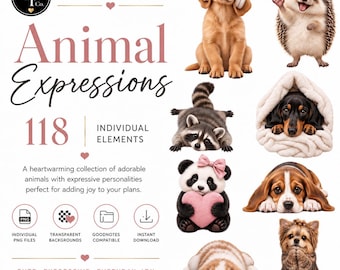 Cute Animal PNG Clipart Bundle, 118 Animal Expressions Digital Stickers, GoodNotes Planner Stickers