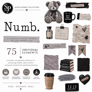 Könnte beinhalten: Eine digitale Moodboard-Sammlung mit 75 einzelnen Elementen, darunter ein grauer Teddybär, eine schwarze Tasse mit Text, eine Glasflasche, ein Notizblock, zerknitterte Papierstücke, Bücher, ein Kaffeebecher und ein Herz mit einem Pflaster.