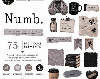 Grunge Digital Stickers, 75 PNG Clipart Elements, Numb Mood Board for GoodNotes & Scrapbooking