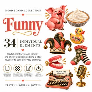 May include: A digital mood board collection featuring 34 individual elements including a pink pig, a cream pie, a jester hat, a rubber duck, smiley face socks, wind-up teeth, a typewriter with text PUNCHLINE LOADING, and a gold microphone.