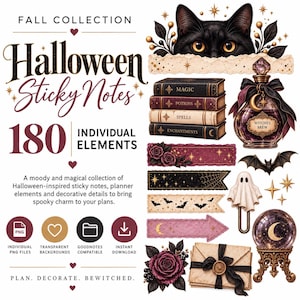 May include: A digital collection of 180 Halloween-themed sticky notes and planner elements featuring a black cat, potion bottle labelled Witches Brew, stacked books titled Magic, Potions, Spells, Enchantments, a ghost paperclip, and a crystal ball.