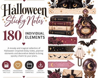 Halloween Digital Stickers, GoodNotes Planner PNG Clipart, 180-Piece Witchy Sticky Notes Collection
